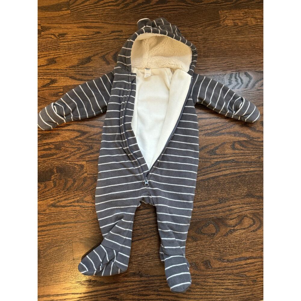 Old Navy Fleece Gray White Striped Bear One-Piece Bunting | 6-12 Months